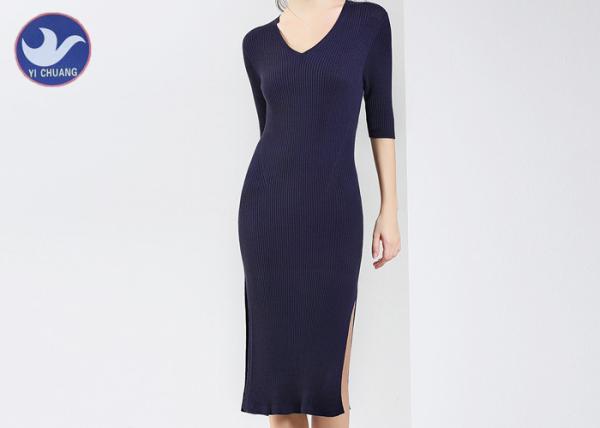 Half Sleeves Womens Knitted Dresses , V Neck Jumper Dress / Knit Dress Welt Side Vent 