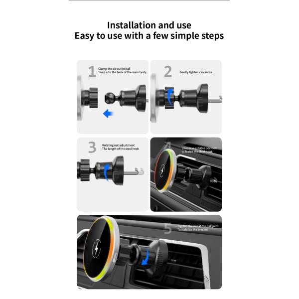 Magnetic 15W Max Air Vent Wireless Car Charger Silver/Grey for Qi Phones