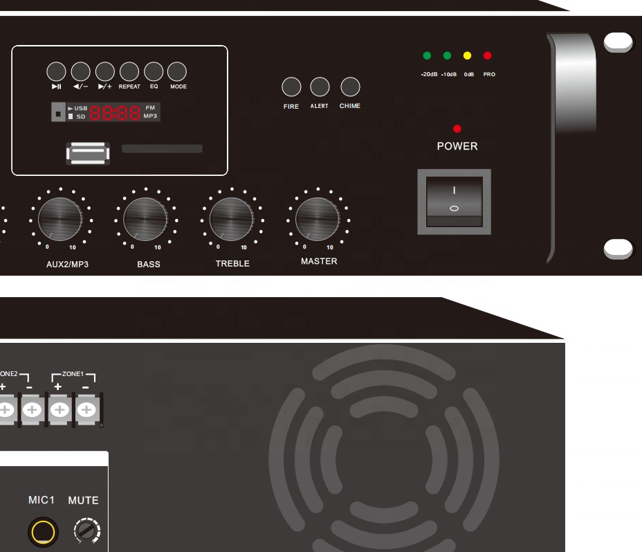 60W Mixing Amplifier FM Commercial Mixer Amplifier 70V 100V Rectangle