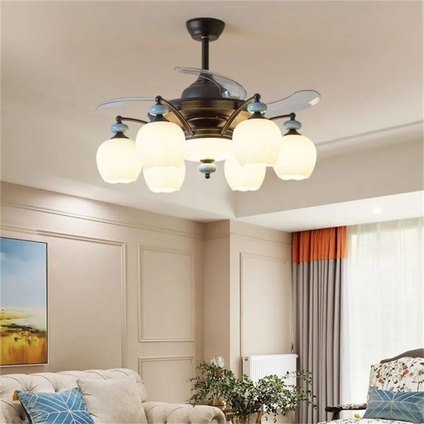 Luxury Ceiling Fan Light Remote LED Electric Fan Light with glass lampshade metal Stealth Fan Light (WH-VLL-28)