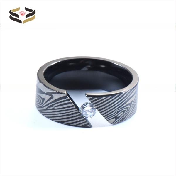 Men'S Titanium Rings Laser Damascus Steel Wood Grain Cubic Zirconia Inlayed