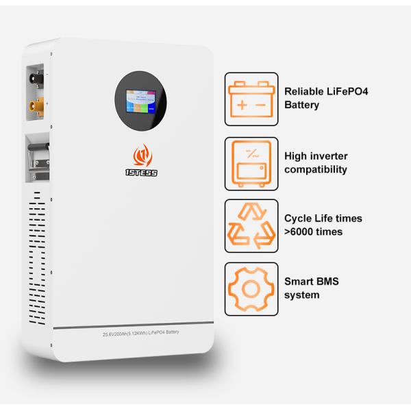 25.6V 200ah Système solaire murale Lifepo4 Energy Powerwall 5.12kwh Batterie au lithium Système solaire batterie de stockage à domicile