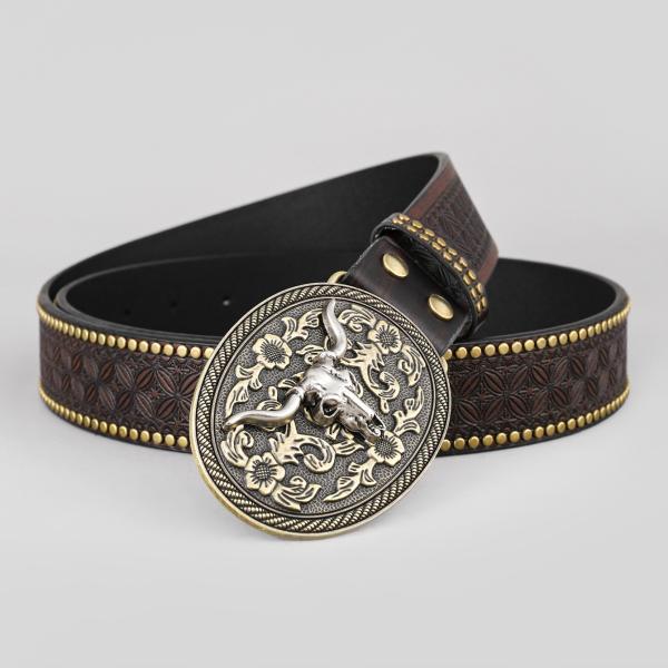 Unisex Vintage Cow Head Embossed PU Leather Belt with Buckle Fastening Western Rivet Belt