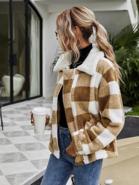                  Fashion Fleece Zipper Womens Coats Plaid Flannel Jacket Luxury Coat Casual Winter Stylish             