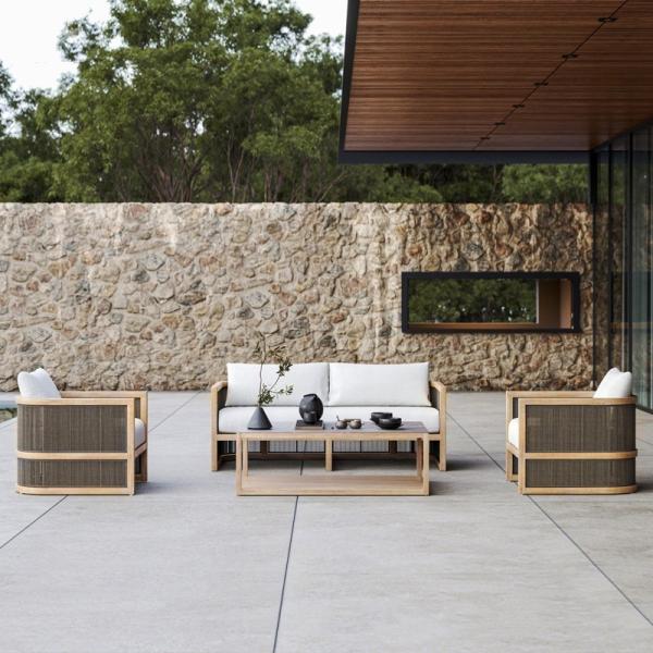 Modern Outdoor Wooden Sofa Garden Teak Wood Rattan Sofa Set for Hotel Lounge Furniture
