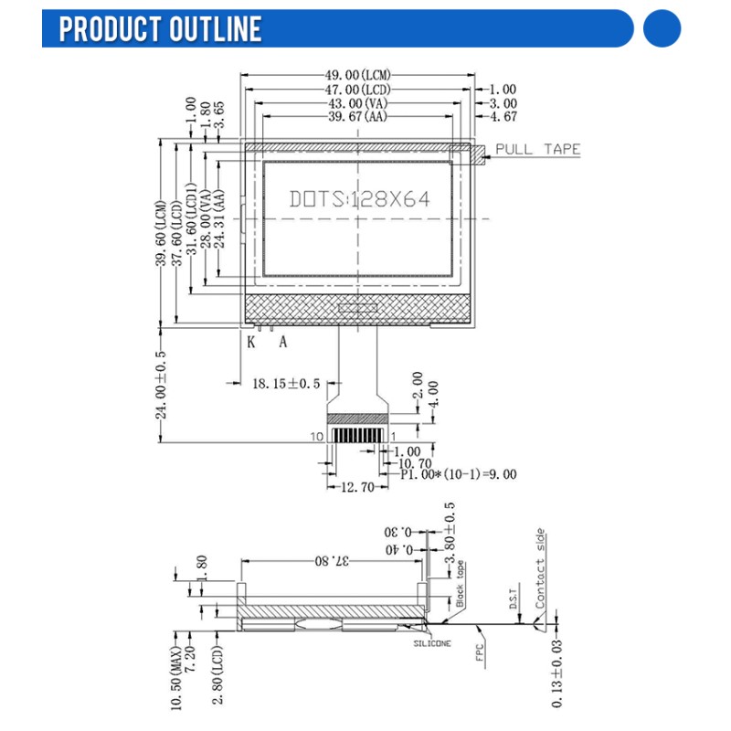 COG12864-21 Gray Film Industrial Control Fstn Material Lightweight Small 49X39.6Mm ST7567 Controller