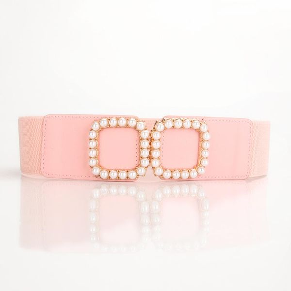 Ladies Style Fashionable Multi-Color Fashion Waist Belt Square Pearl Buckle Elastic Wide Belt
