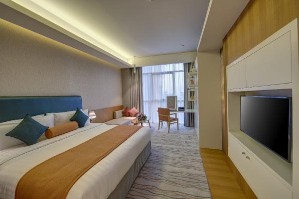 Prey Veng Province furniture supplier for Hotel room furniture hotel bed with wood tables and hotel sofa set