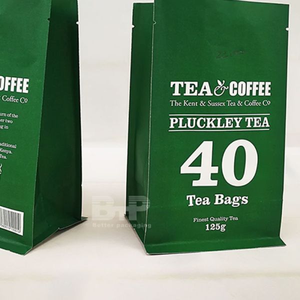 100g 200g 300g Aluminum Foil Quad Seal Flat Bottom bag Tea Coffee Printed Brown Kraft Paper Food Packaging Plastic Bag