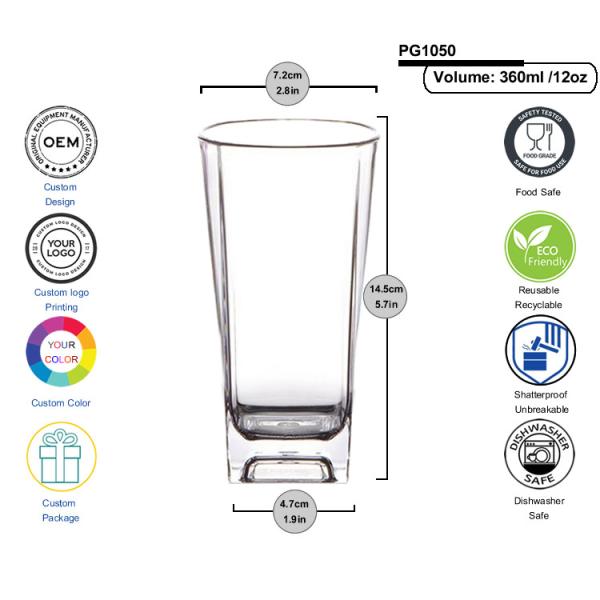 Beer Cocktail Square Plastic Tumbler Glasses 8oz 12oz Food Grade
