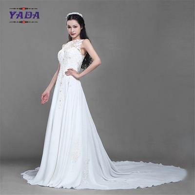 Novos bordados de pérolas de moda princesa de renda sem mangas uma linha sexy vestido de noiva com longo comboio