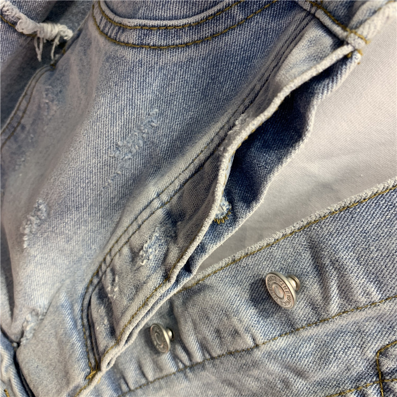 Women's Distressed Cropped Denim Jacket with Puff Sleeves, Lace Hem, and Patchwork Design