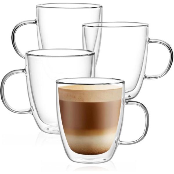 Reusable Borosilicate Double Walled Glass Mugs With Handle Heat Insulated 400ml 500ml