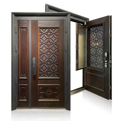 Modern Design Wooden Grain Anti-theft Door Villa Multi Lock Point Front Safety Steel Door Exterior Security Door