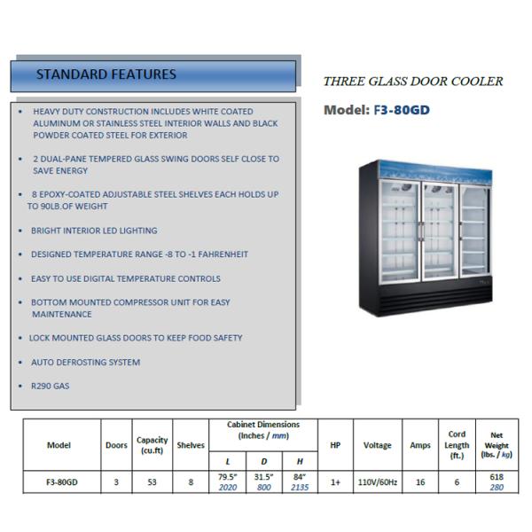 CE ETL Single Temperature 3 Glass Door Merchandisers 280kg Freezer 280kg