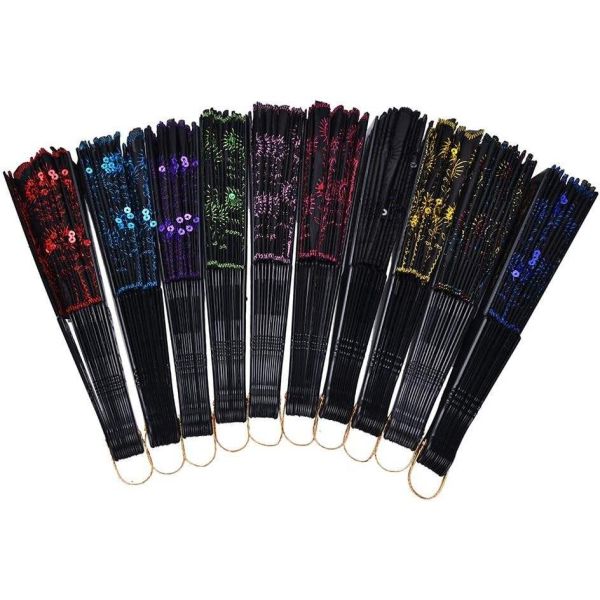 Hot Selling Foldable Hand Held Fan Black Plastic Embroidery Sequin Hand Fan