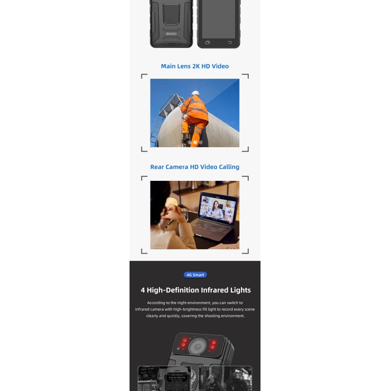 4G 2K HD Body Worn Camera Dual Cameras Support Wifi&Bluetooth and GPS with 2.8'' Touch Screen IP68 Waterproof Recorder Cameras