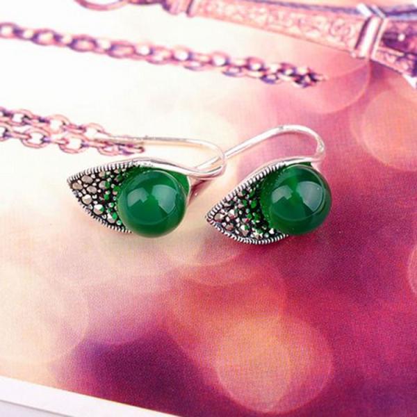Thai Vintage Sterling Silver 10mm Round Green Agate Hoop Earrings (E11061GREEN)