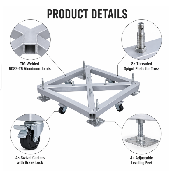 6082-T6 Aluminum Truss Mobile Base Frame with X-Brace Welded Design and 8-Spigot Connection for Stage Concert Rigging