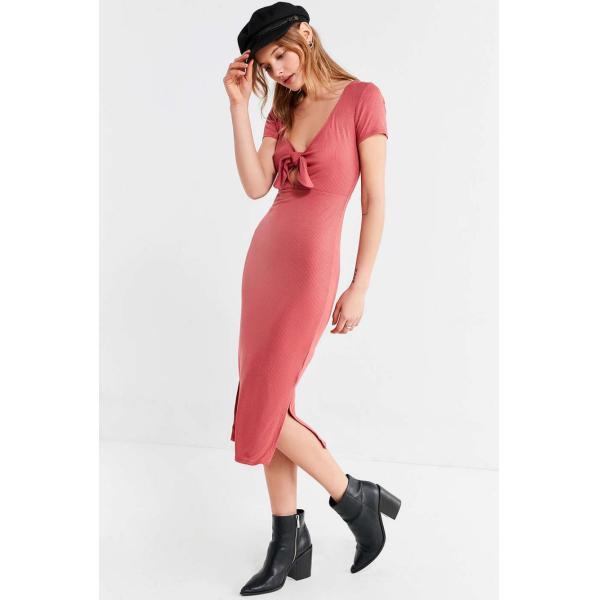 Women Summer Pink Dress Elegant Sexy Side Slit Bodycon Dress With Bow