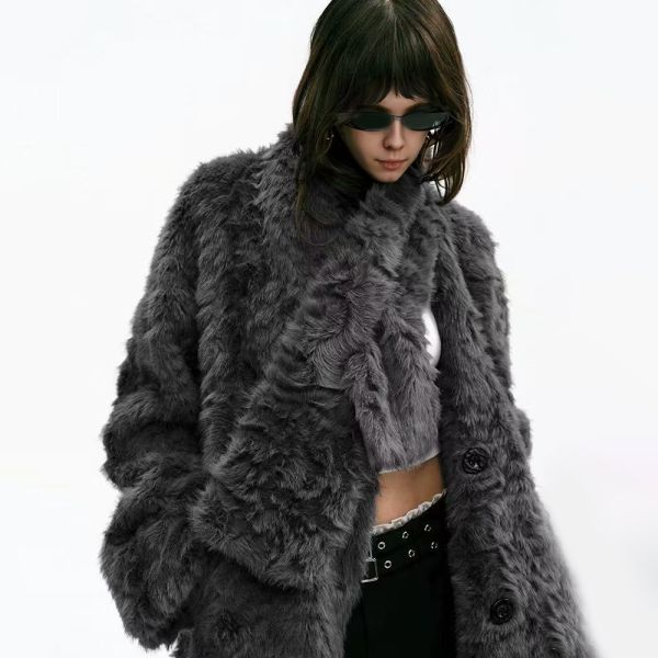 Removable Scarf Style Faux Persian Lamb Fur One Piece Long Coat