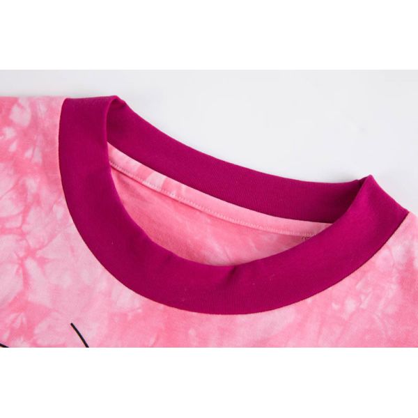 Unisex Oversized Relaxed Fit Pink Tie-Dye Graphic Tee with Contrast Rib Neck & Cuffs in Cotton-Rich Jersey Knit