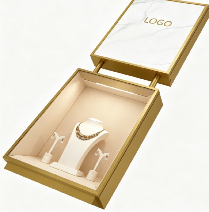 Custom Luxury Jewelry Store Gold Frame Marble LOGO Vertical Display Cabinet, Glass Showcase