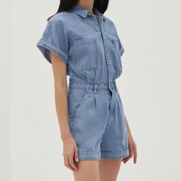                  Summer Women Short Sleeve Romper Fashion Casual Blank Button up Playsuit Denim Short Jumpsuit             