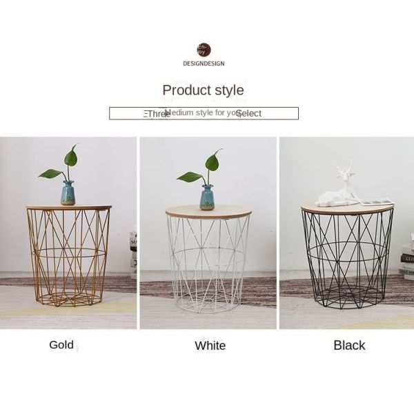 Modern Nightstand End Table Round Side Table Metal Mesh Base Wood Top Small Accent Coffee Table for Living Room Bedroom Office