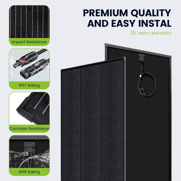 Hot 170W Premium Monocrystalline 23.5% Efficiency Solar Panel 20 Volt Solid Black for Connector 25-Year Warranty Home RV Camper