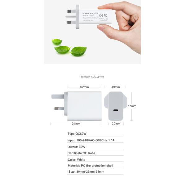 UK 2-Pin 60W USB-C GaN Charger for Laptops and Phones