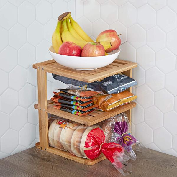 Bamboo Free Standing Wood Rack , Kitchen Countertop Corner Shelf 10x10x11.5 Inches