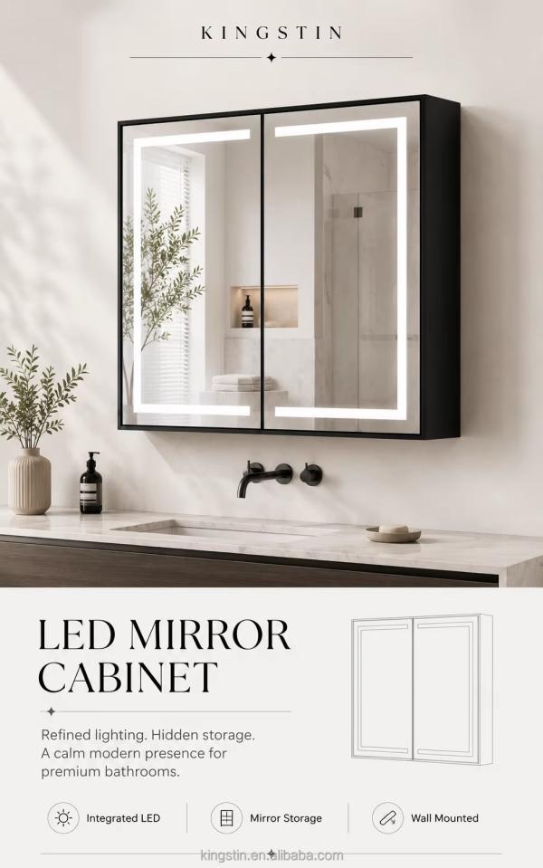 Kingstin Luxury Customizable LED Bathroom Mirror Cabinet with Anti-Fog Dimmable Light & Adjustable Storage Matte Black