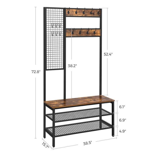 Coat Stand With Grids Panel, Industrial Hallway Coat Rack, Wooden Coat Stand, UHSR98BX