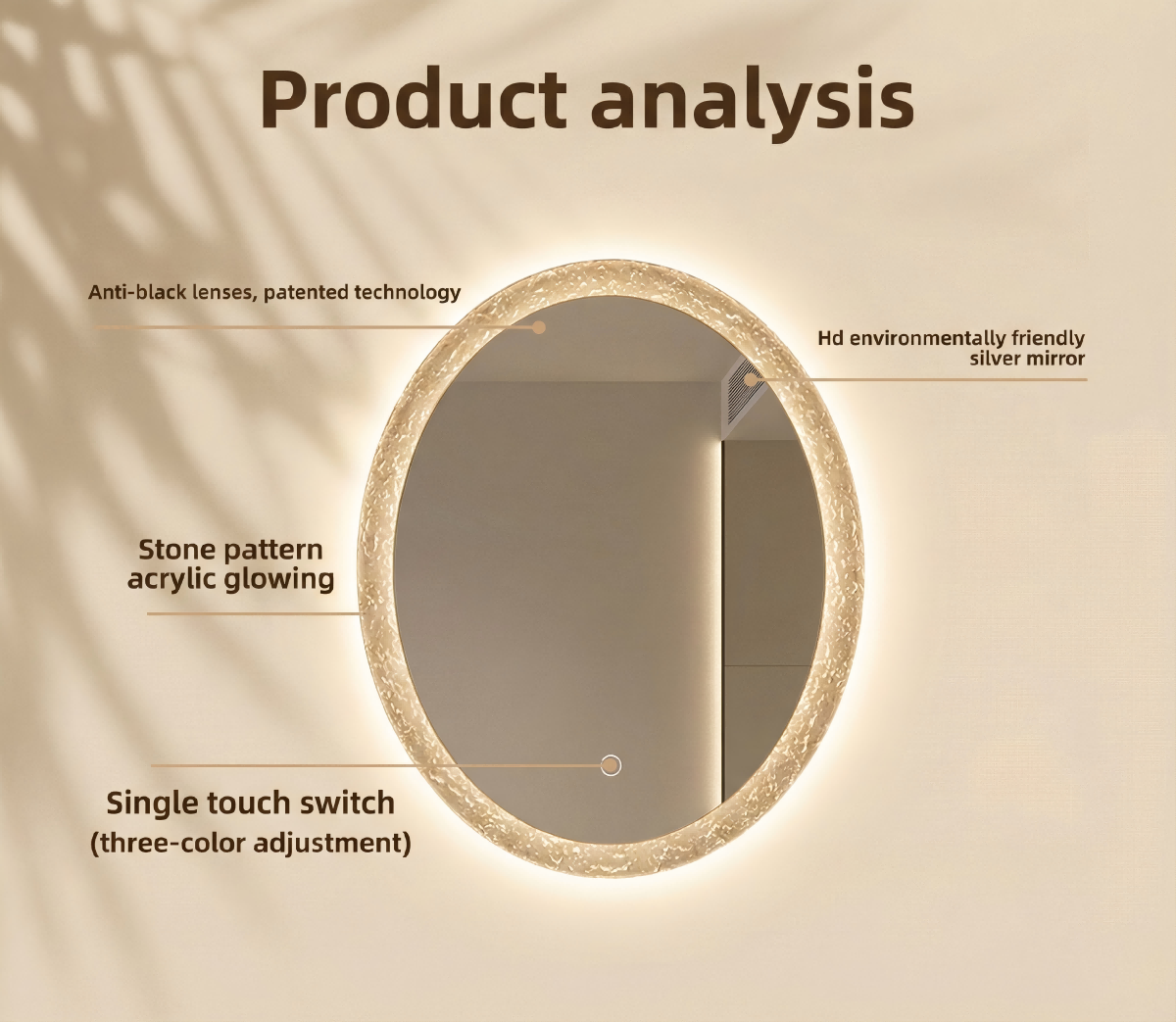 Kingstin Luxury Acrylic Frame Backlit LED Mirror, Oval Smart Bathroom Vanity Mirror with Defogger & Dimmable Light