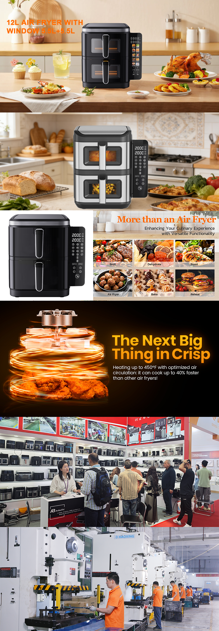 Stack Air Fryer 6L+6L Top Bottom Heater Non Stick Foldable LCD Display