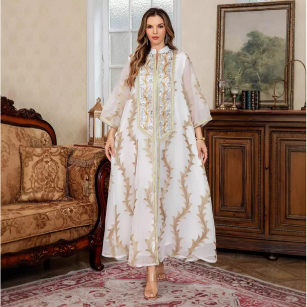 SMT094 Middle Eastern Modest Wear Gold Leaf Embroidered Stand Collar Abaya