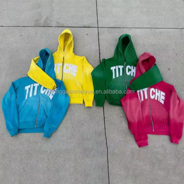 Men Streetwear Rhinestone Hoodie Cropped Mock Neck Vintage Distressed Zip Hoodie