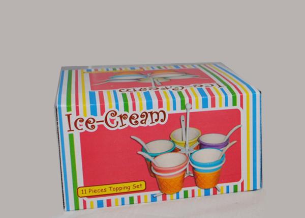 Customized Ceramic Houseware Mini Ice Cream Cups With Spoon / Metal Rack