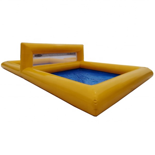 Yellow Inflatable Soccer-Style Game Court with Twin Goals and Blue Floor