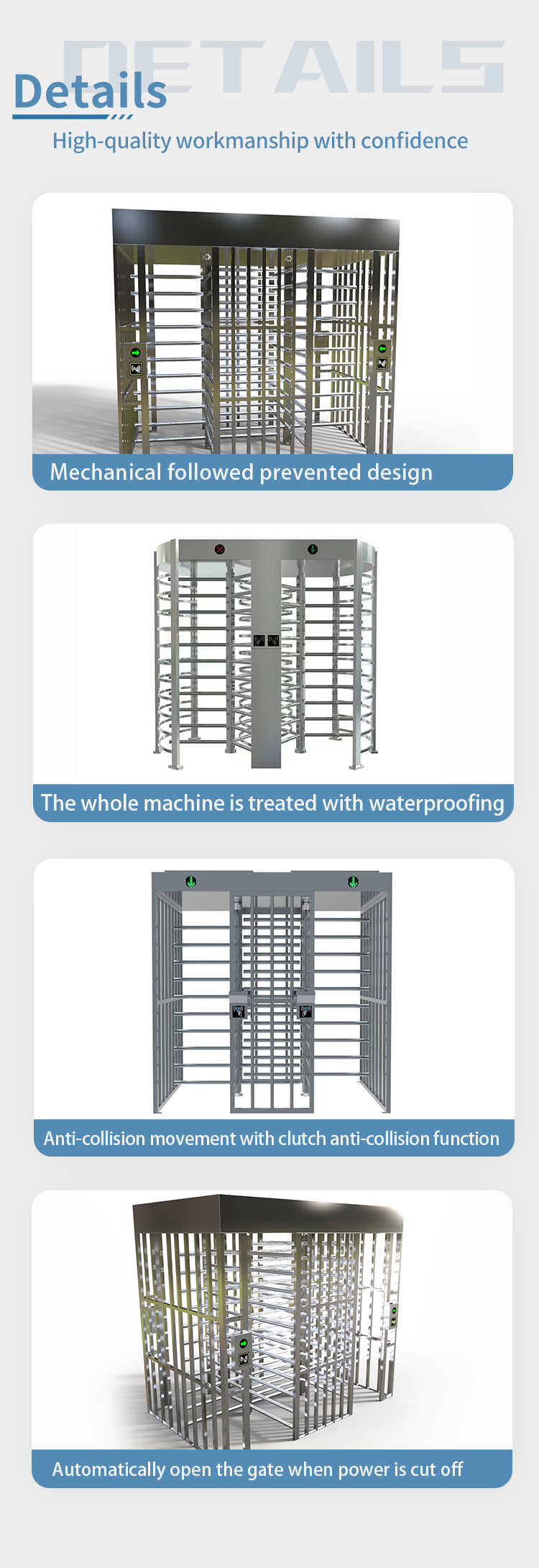 Stainless Steel Full Height Pedestrian Turnstiles Anti Rust Swing Flap Drop Arm Gate