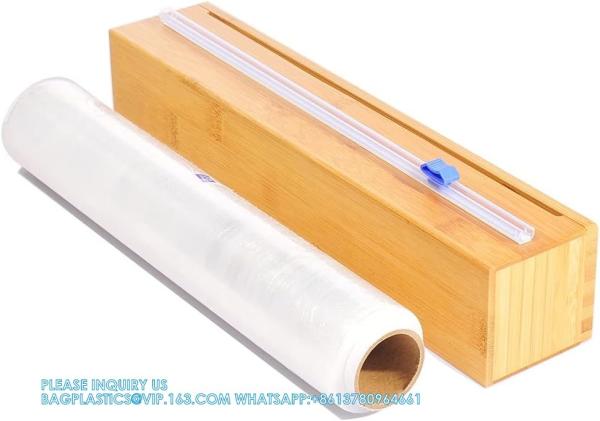 Plastic Wrap Dispenser, Bamboo Wood Cling Food Wrap Dispenser, With Slide Cutter & A Roll Of 11.5 X300 Ft BPA Free