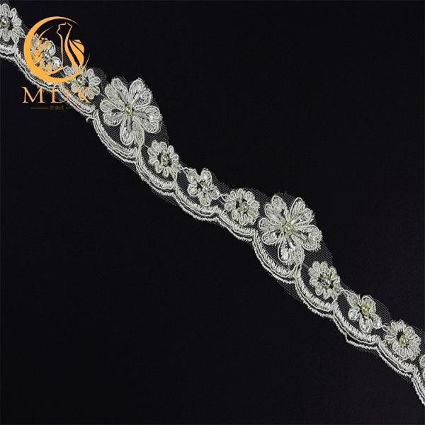 OEM связал сетку изготовленной на заказ вышивки отделки шнурка цветка 3D мягкую с шариками