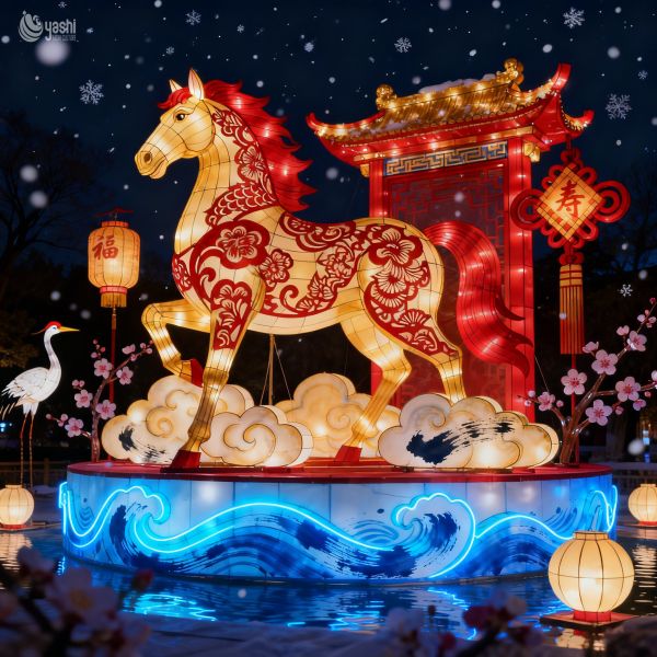 Custom Chinese Style Horse Lantern With Cloud & Gear Base, Giant Traditional Animal LED Light Sculpture for New Year Festival Light Show
