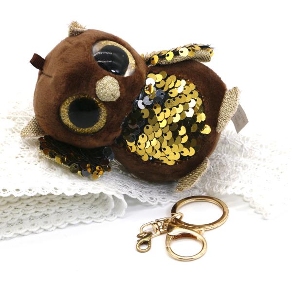 3D Plush Doll Key Chain Brown Embroidered Owl 10cm Inlaid Round Gold Eyes Beads