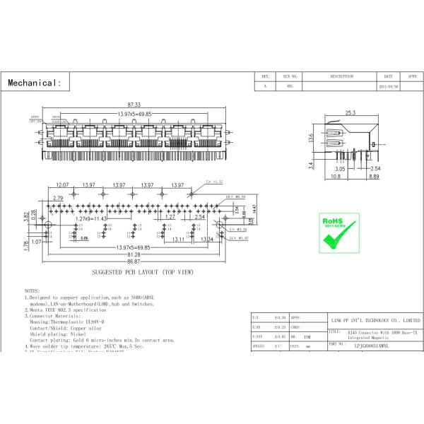 Штырь RJ45 Платы-ВВЕРх 10 ИМПа ульс JG0-0027NL 1x6 с внутренним Magnetics