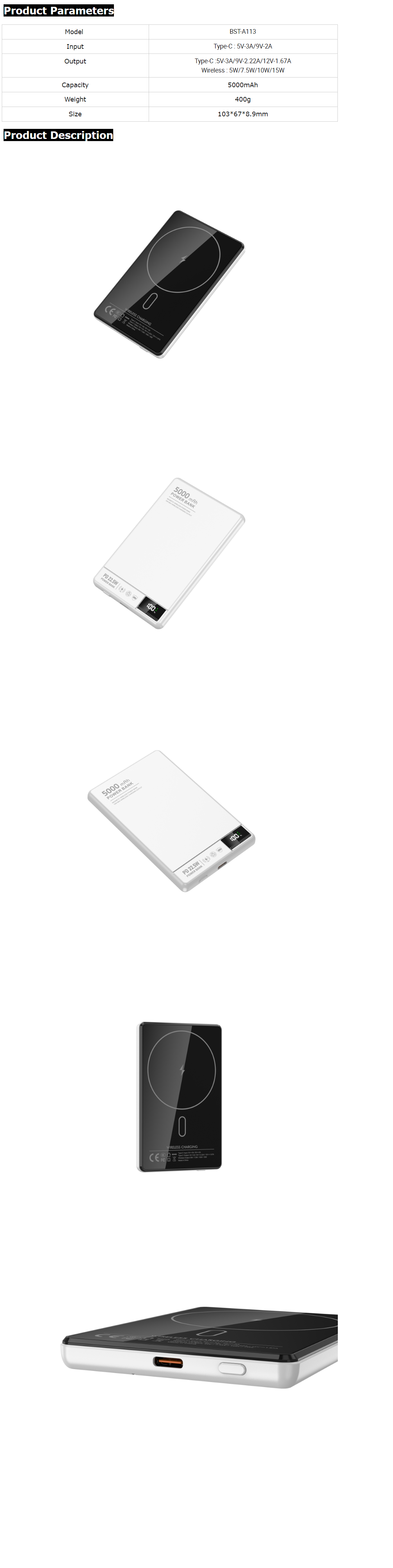 Besiter 5000mAh Type-C Ultra Slim Aluminum Alloy Wireless Magnetic Power Bank LED Display 20W Quick Charge Li-Polymer Battery