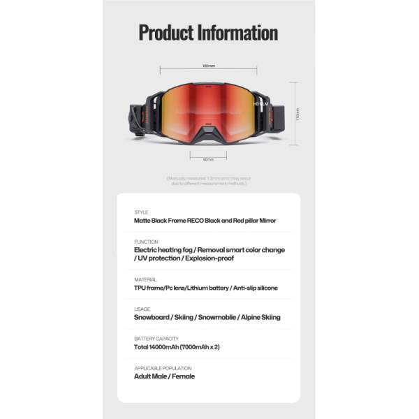 Men Heated Goggles Full Rim Frame Skiing Ski Strap Lens Polarized Anti UV Anti Fog Coating Anti Scratch Snowboard