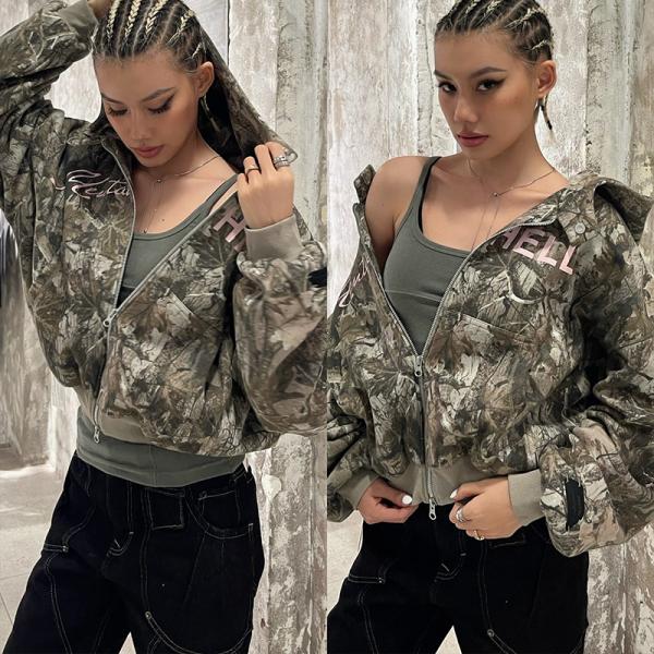 Sweat-shirt vintage délavé de chasse pour femme en plein air, camouflage à capuche surdimensionnée avec fermeture éclair, imprimé arbre lourd pour femme