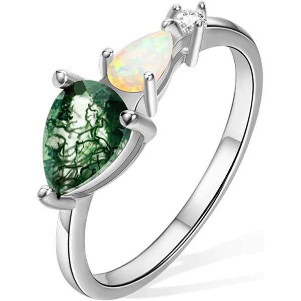 Natural Moss Agate Opal Moissanite Stone Ring Unique For Engagement Wedding